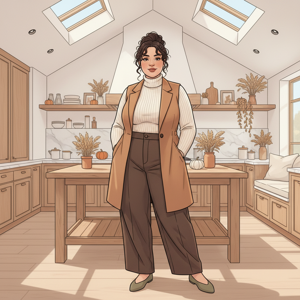 Woman confidently wearing layered winter outfit with shapewear foundation creating sleek silhouette for holiday gatherings