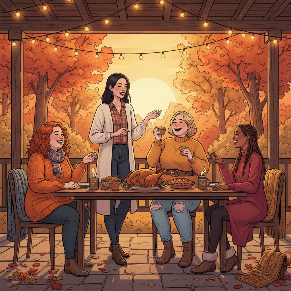 Layered winter outfit components arranged flat showing shapewear foundation through outer coat for Thanksgiving styling