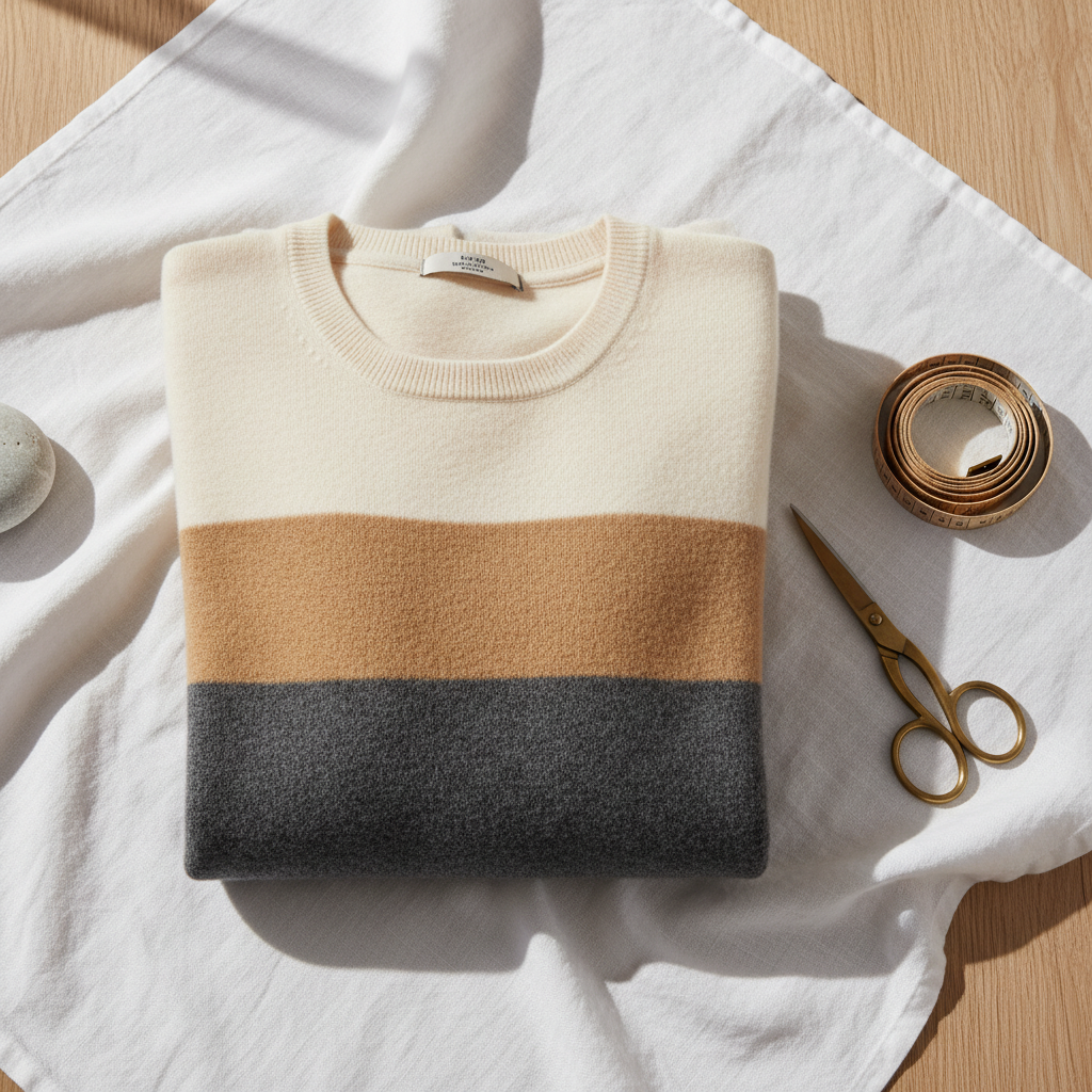 Thoughtful woman examining luxury cashmere sweater quality, sustainable supply chain, best winter knits buying guide