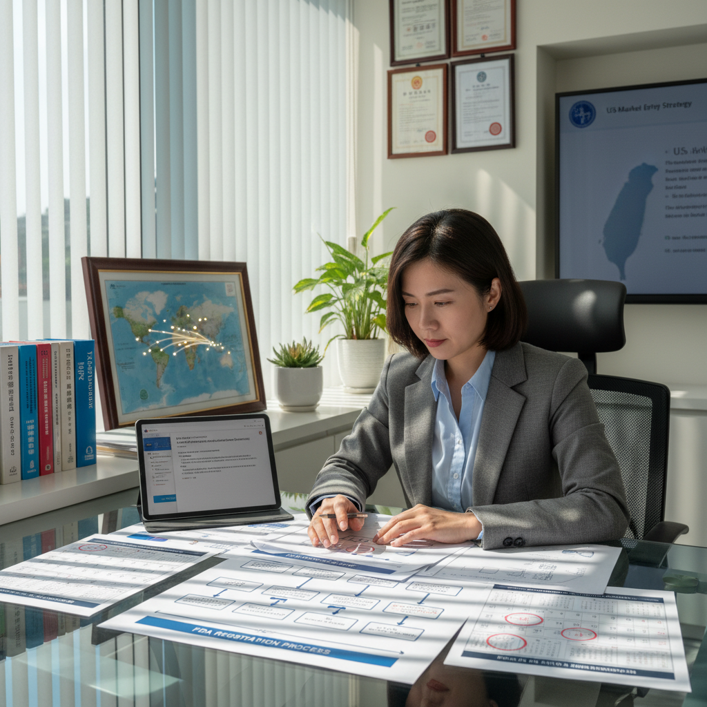 台灣食品業者FDA註冊準備文件與時程規劃示意圖