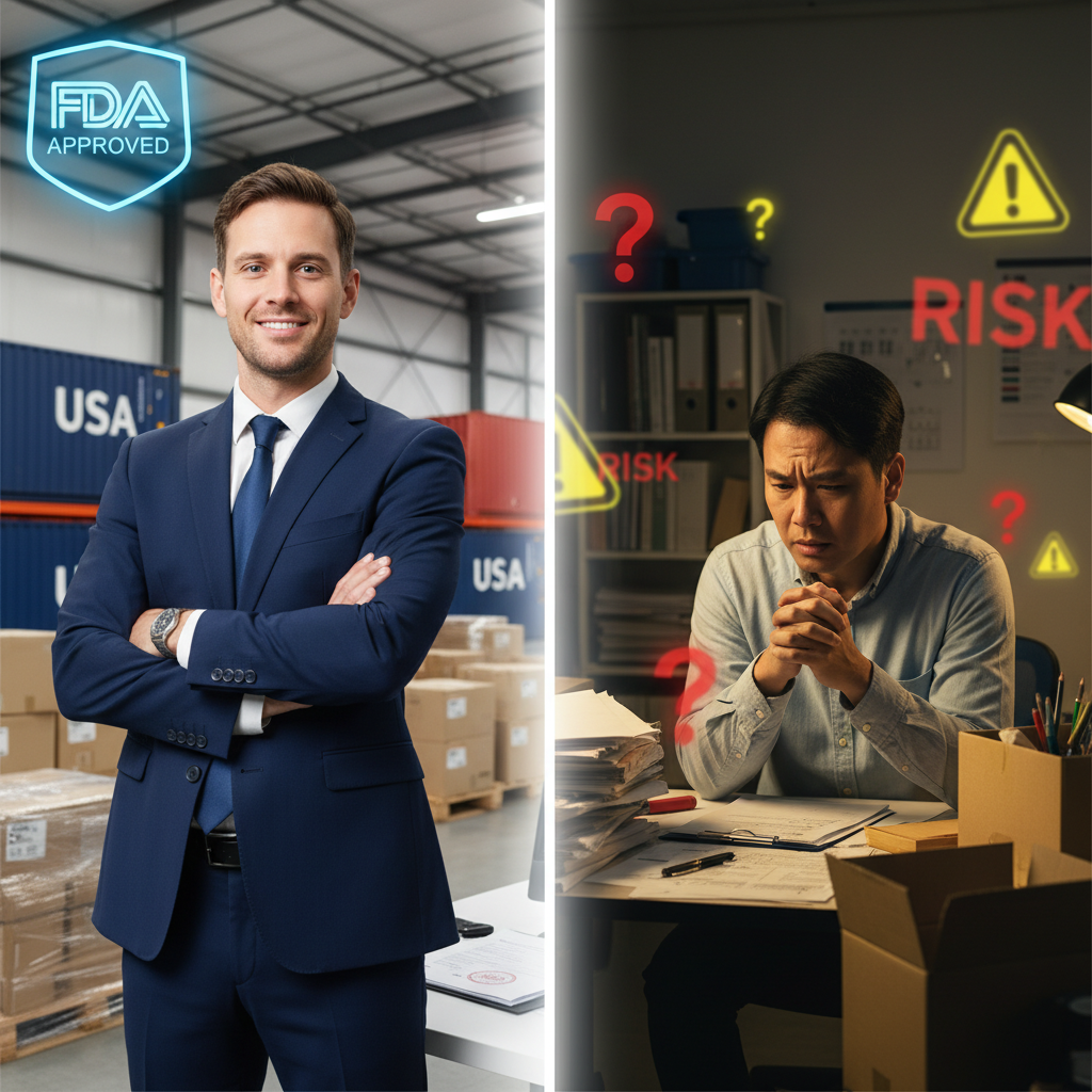台灣賣家FDA註冊流程與進口商名義風險對比圖