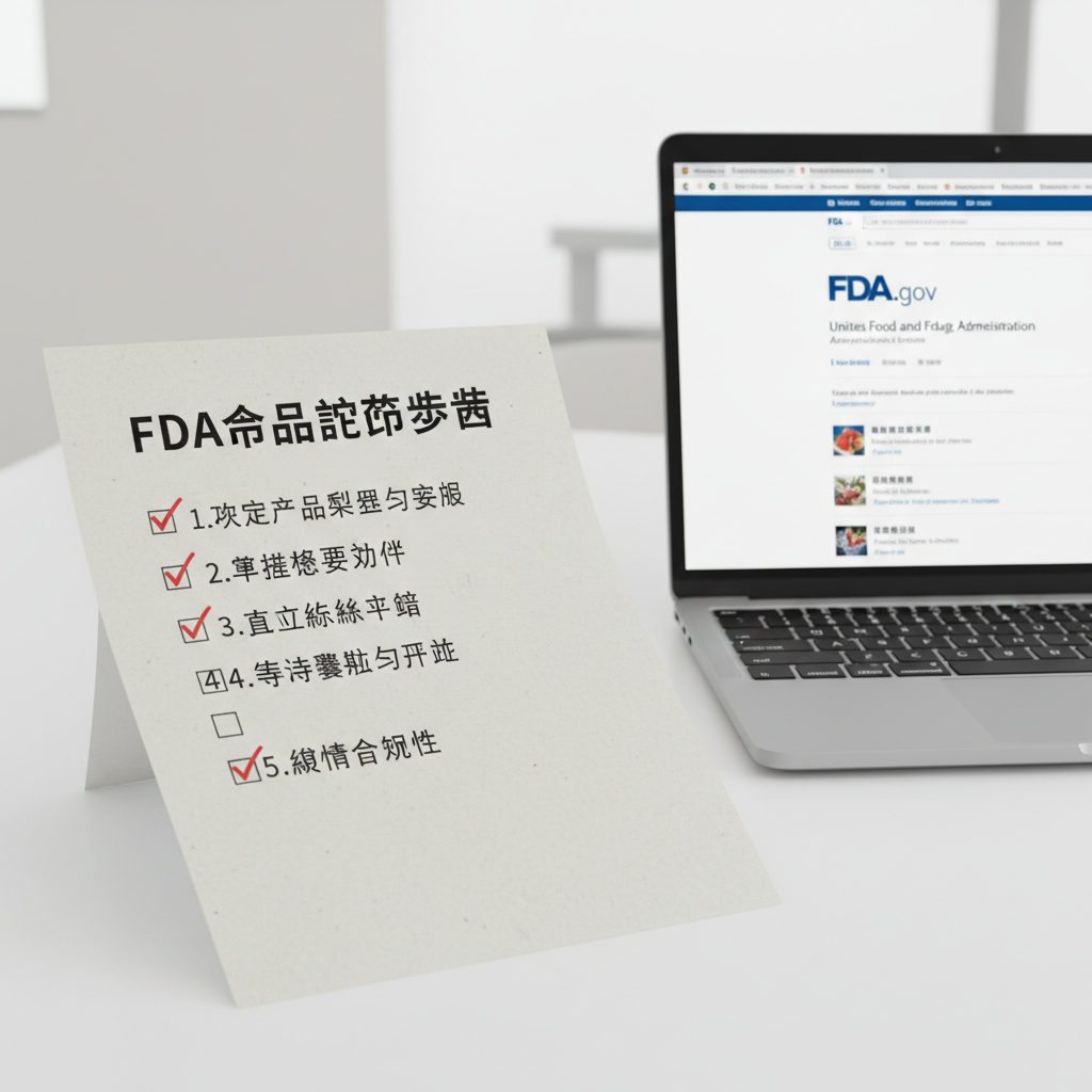 台灣食品業者準備FDA註冊文件與美國市場出口合規流程示意圖